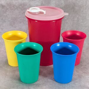 Vintage Tupperware Pitcher & Tumblers Set Red Yellow Green Blue Made in USA